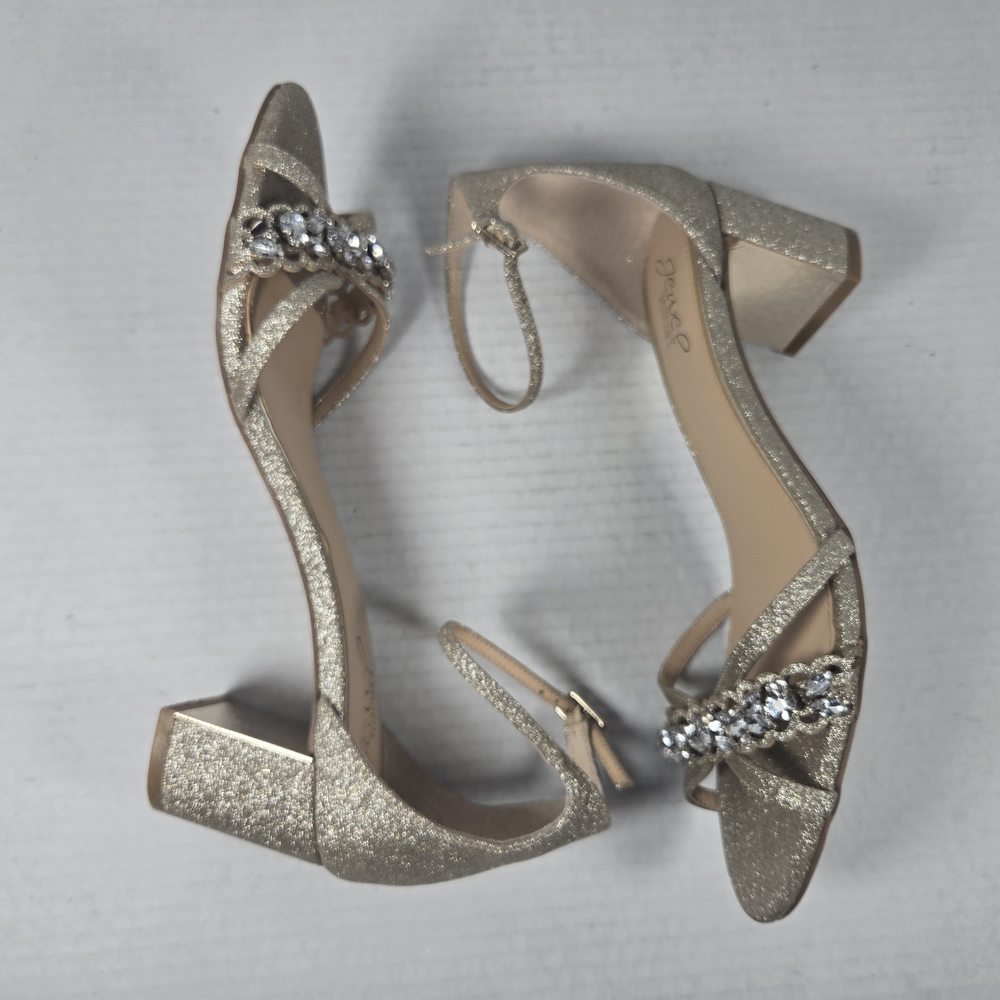 Jewel Badgley Mischka Giona Gold Jeweled Ankle Strap Block Heels Size 8 - Picture 7 of 15